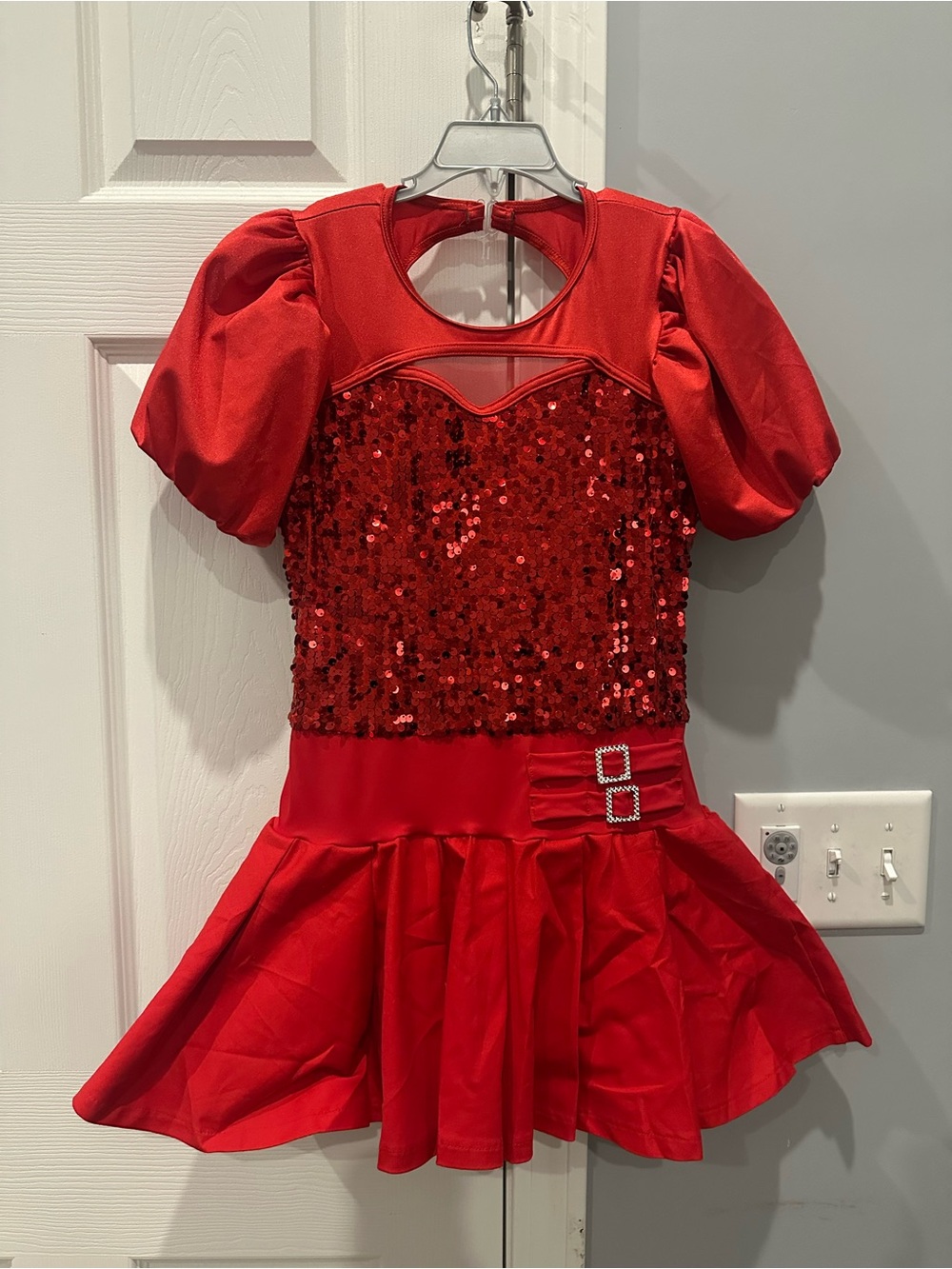 Weissman Red Sequin Puff-Sleeve Dance Costume Dress